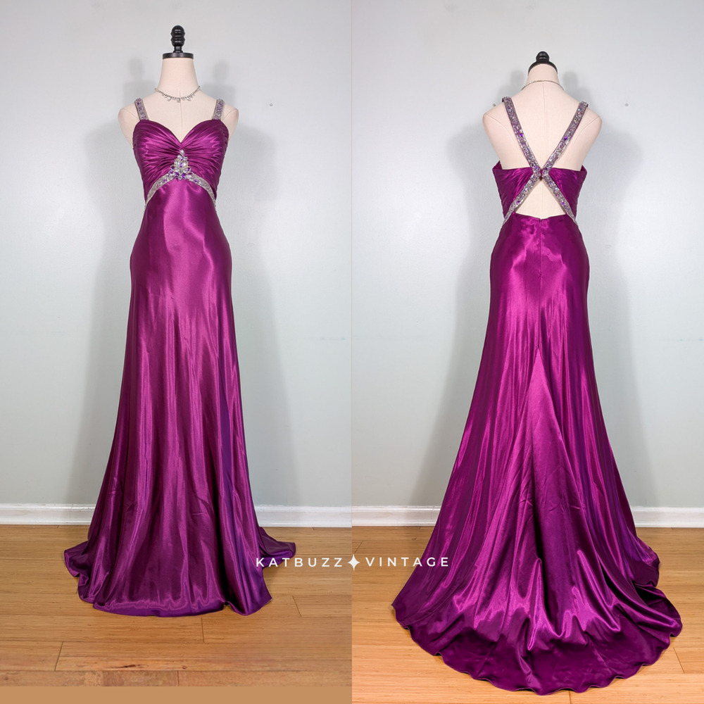 Vintage Cache Prom Dress Maxi Gown 4 Purple Bead Satin Y2K Glam Hollywood Empire
